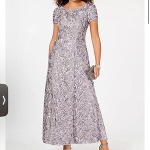 Alex Evenings gray rosette lace embellished short sleeve formal
maxi dress sz 16
